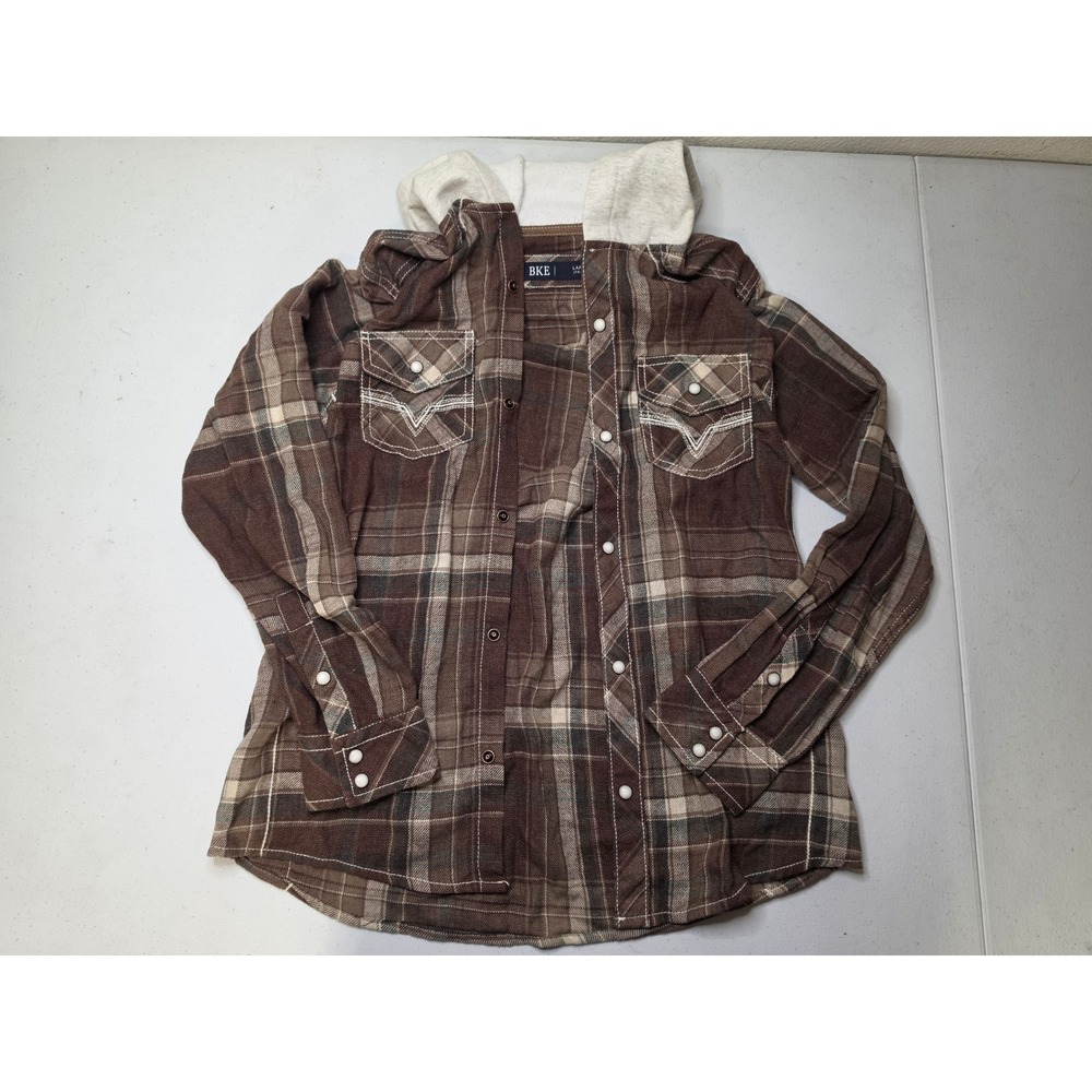 BKE Boys Brown Plaid Hooded Flannel Pearl Snap Western Shirt Large 14-16
